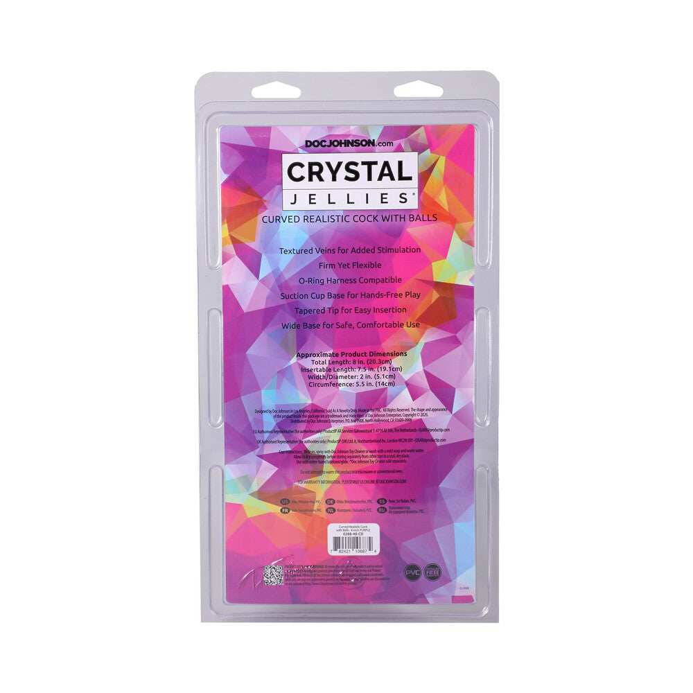 DOC JOHNSON - CRYSTAL JELLIES CURVED REALISTIC COCK WITH BALLS 8 IN. PURPLE