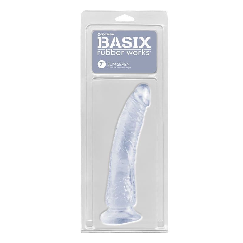 PIPEDREAM - BASIX RUBBER WORKS SLIM SEVEN 7 IN. DILDO WITH SUCTION CUP CLEAR