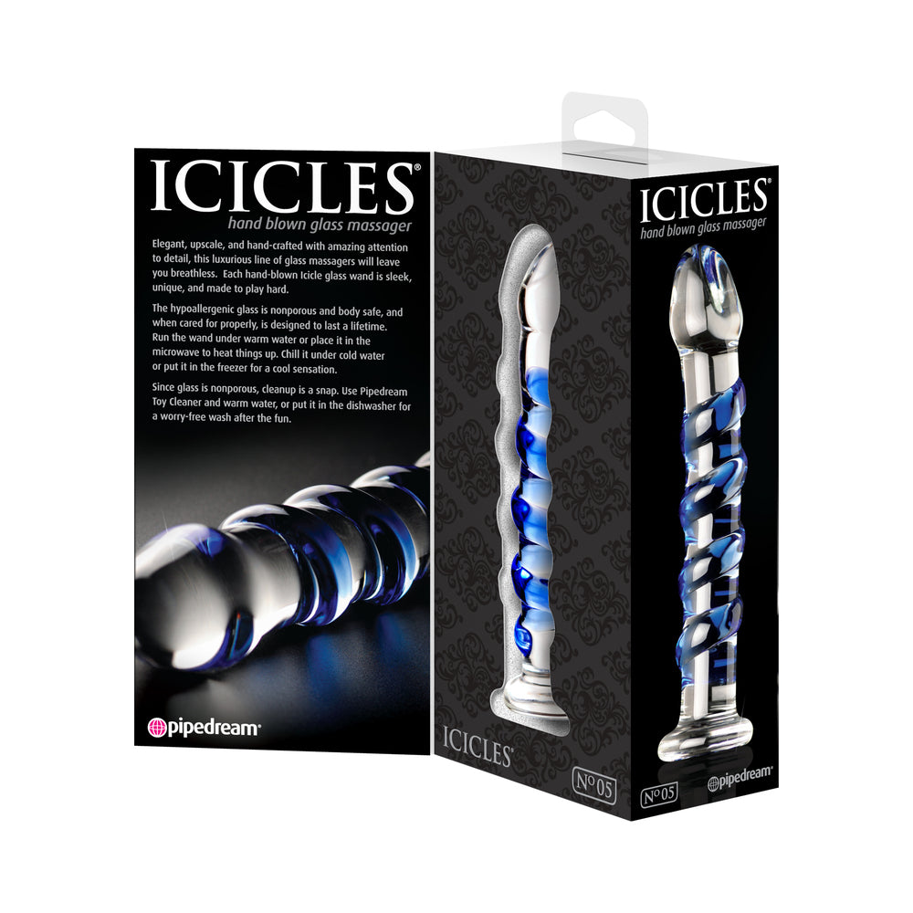 ICICLES NO. 5 CURVED RIBBED 7 IN. GLASS DILDO BLUE/CLEAR