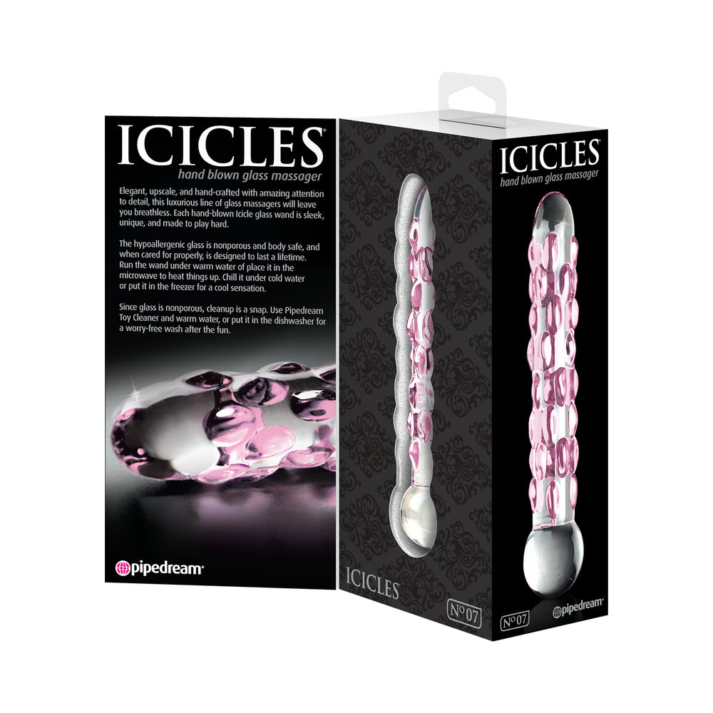 ICICLES NO. 7 TEXTURED 7 IN. GLASS DILDO PINK/CLEAR