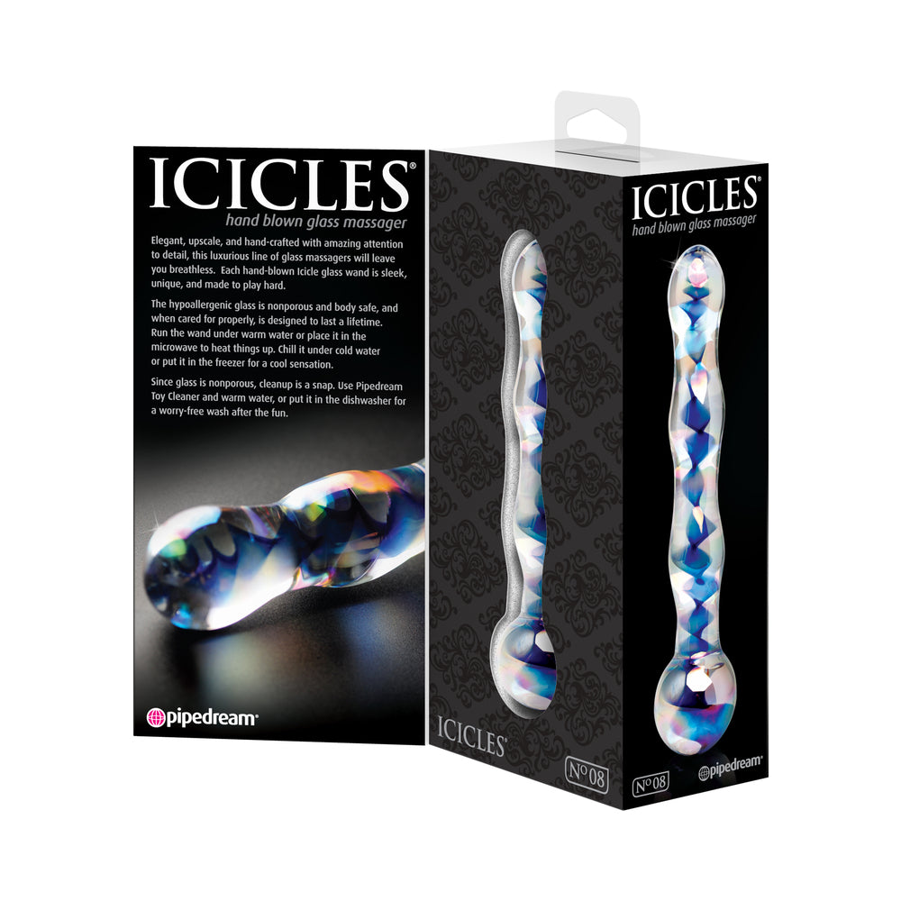 ICICLES NO. 8 WAVY 7 IN. GLASS DILDO BLUE/CLEAR