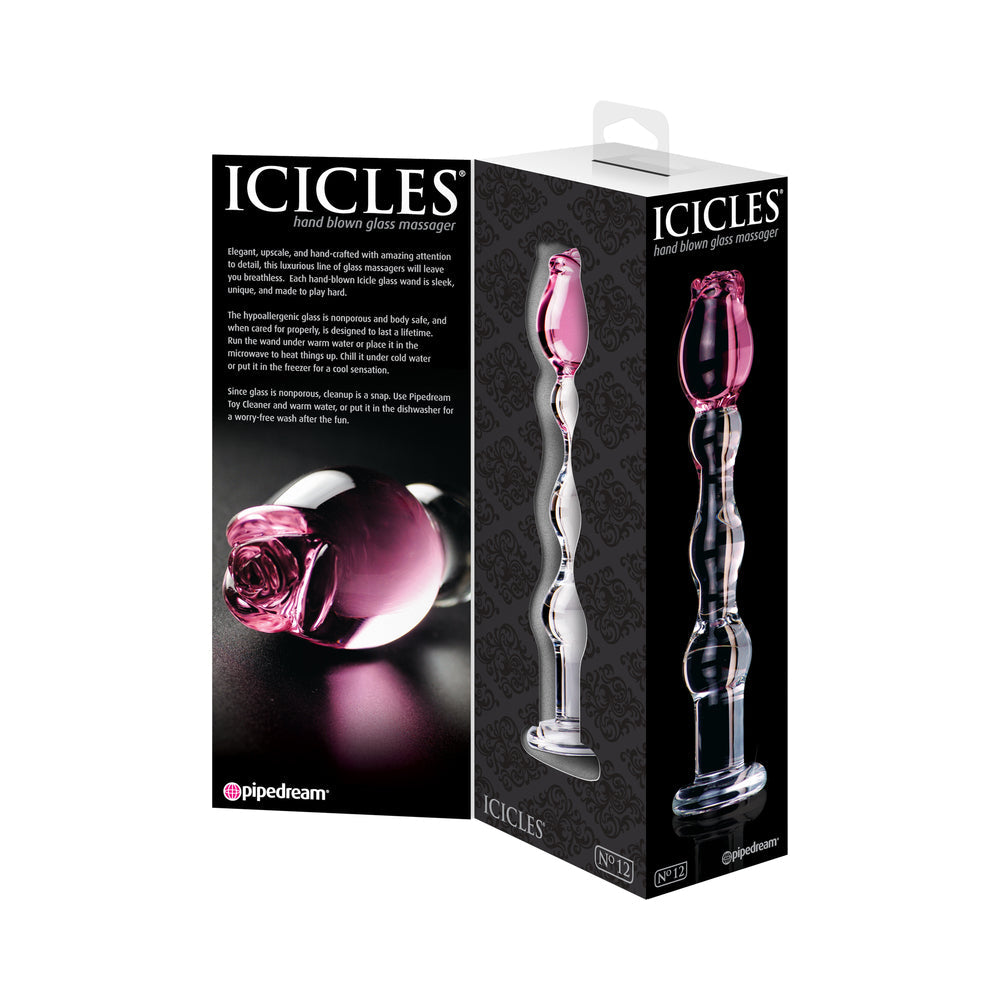 ICICLES NO. 12 GLASS MASSAGER WITH ROSE HEAD PINK/CLEAR