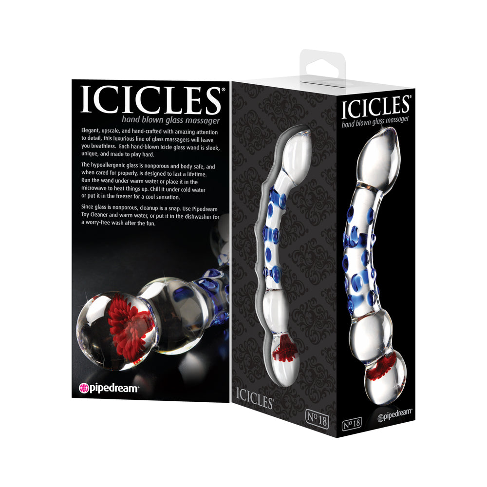 ICICLES NO. 18 CURVED TEXTURED 7.5 IN. GLASS DILDO BLUE/RED/CLEAR