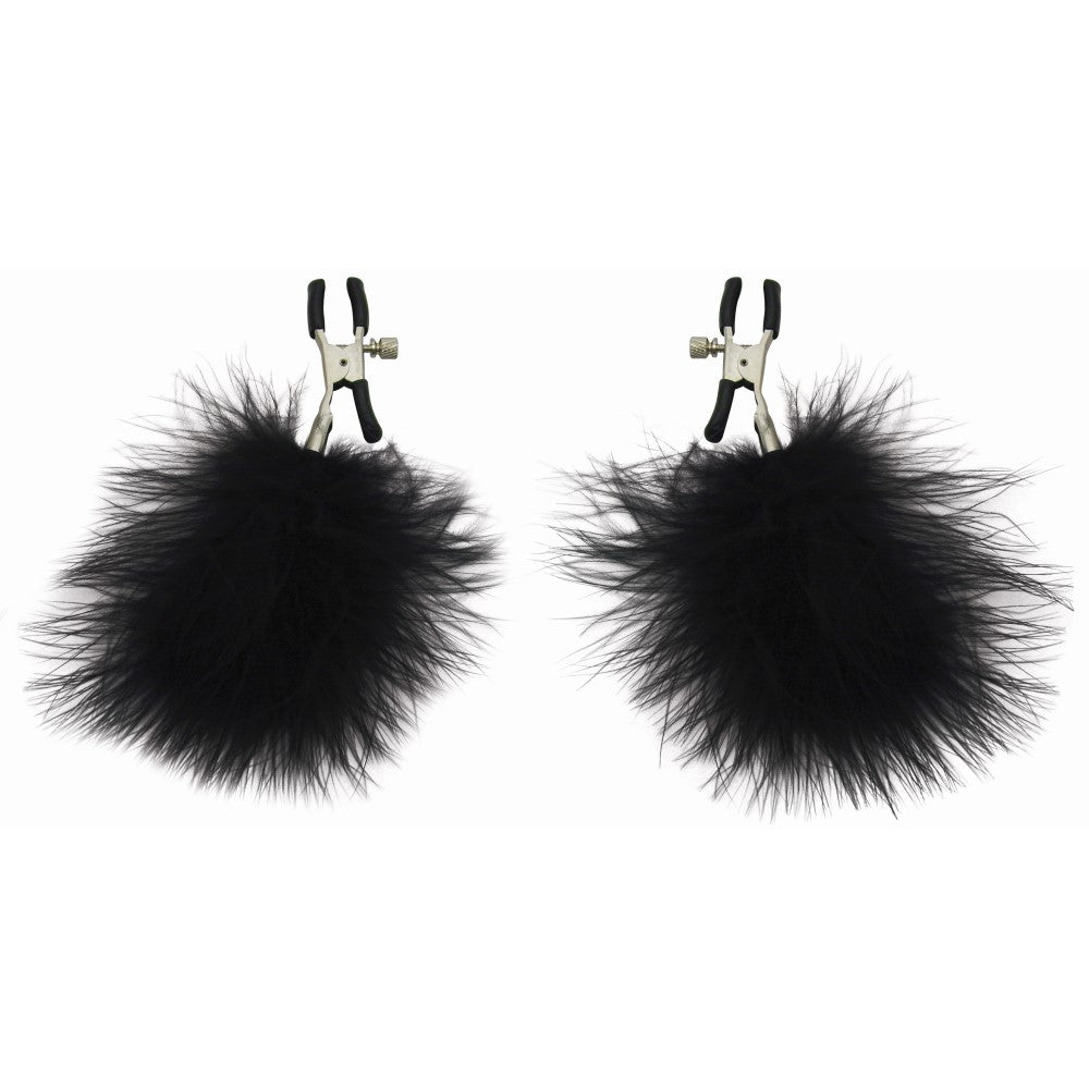 SPORTSHEETS SEX & MISCHIEF ADJUSTABLE FEATHERED NIPPLE CLAMPS BLACK