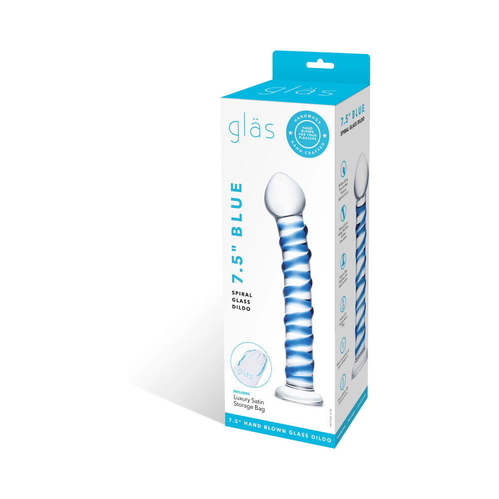 GLAS 7.5 IN. BLUE SPIRAL GLASS DILDO