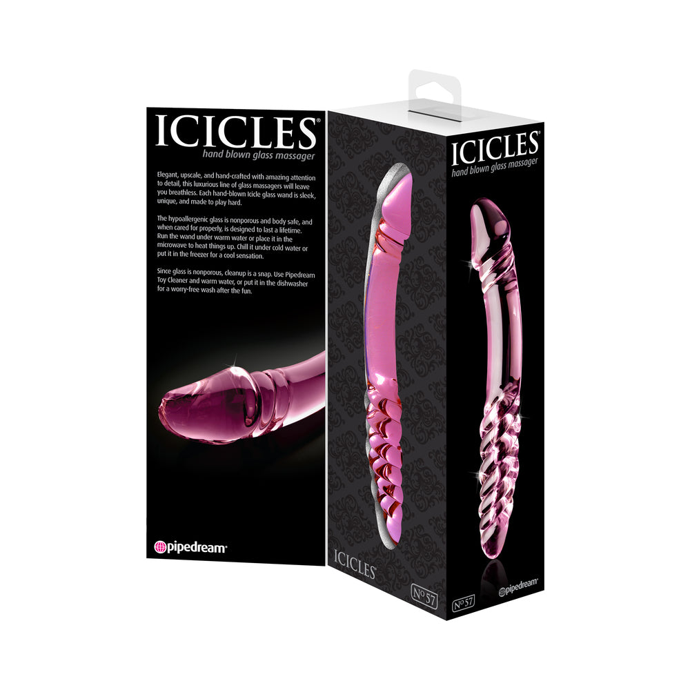 ICICLES NO. 57 CURVED TEXTURED 9 IN. DUAL-ENDED GLASS DILDO PINK