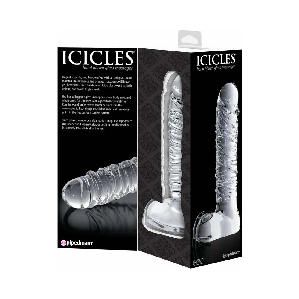 ICICLES NO. 63 RIBBED REALISTIC 8.5 IN. GLASS DILDO CLEAR
