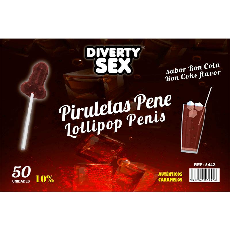 DIVERTY SEX - 50 PENIS-SHAPED LOLLIPOPS RON-COLA FLAVOR 10% ALCOHOL