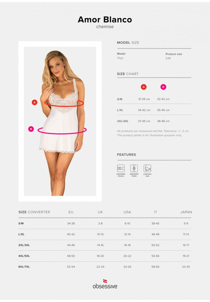 OBSESSIVE - AMOR BLANCO UNDERWIRE CHEMISE & THONG WHITE S/M