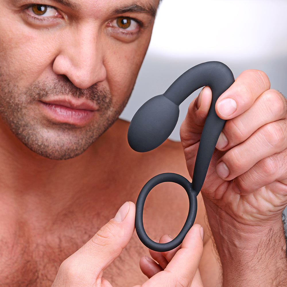 XR BRANDS - MASTER SERIES EXPLORER SILICONE COCK RING AND PROSTATE PLUG BLACK