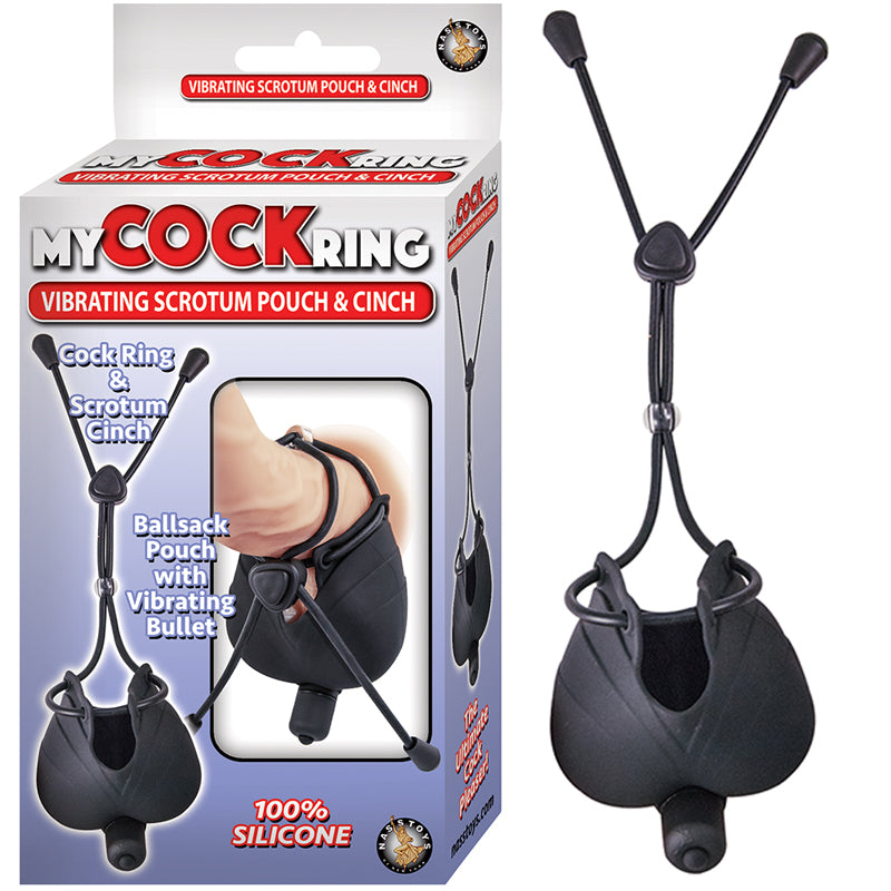 MY COCK RING VIBRATING SCROTUM POUCH & CINCH WITH BULLET SILICONE WATERPROOF BLACK