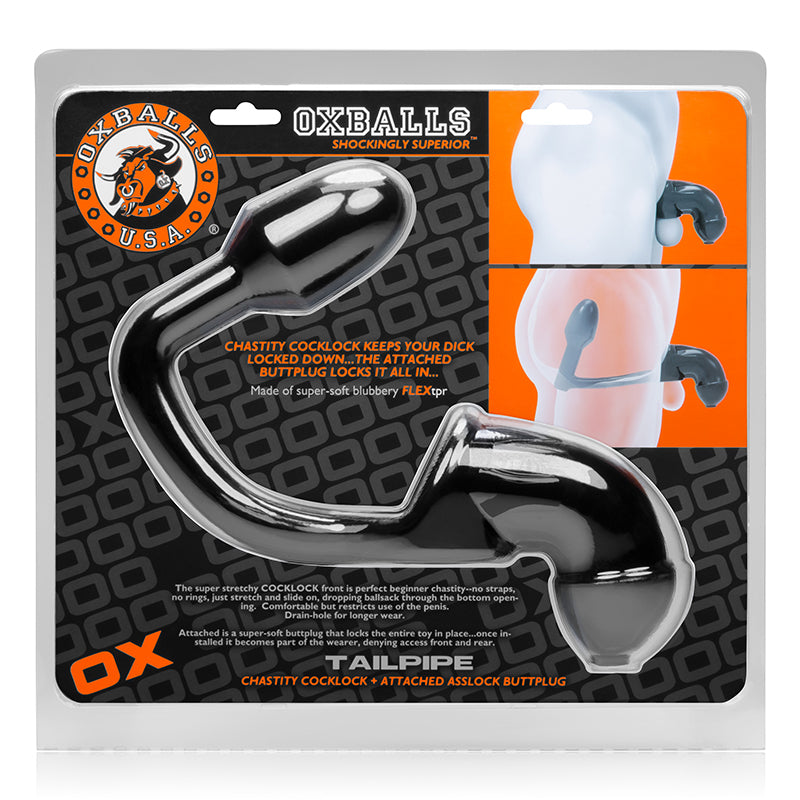 OXBALLS TAILPIPE, CHASTITY COCK-LOCK AND ATTACEHD BUTTPLUG, BLACK