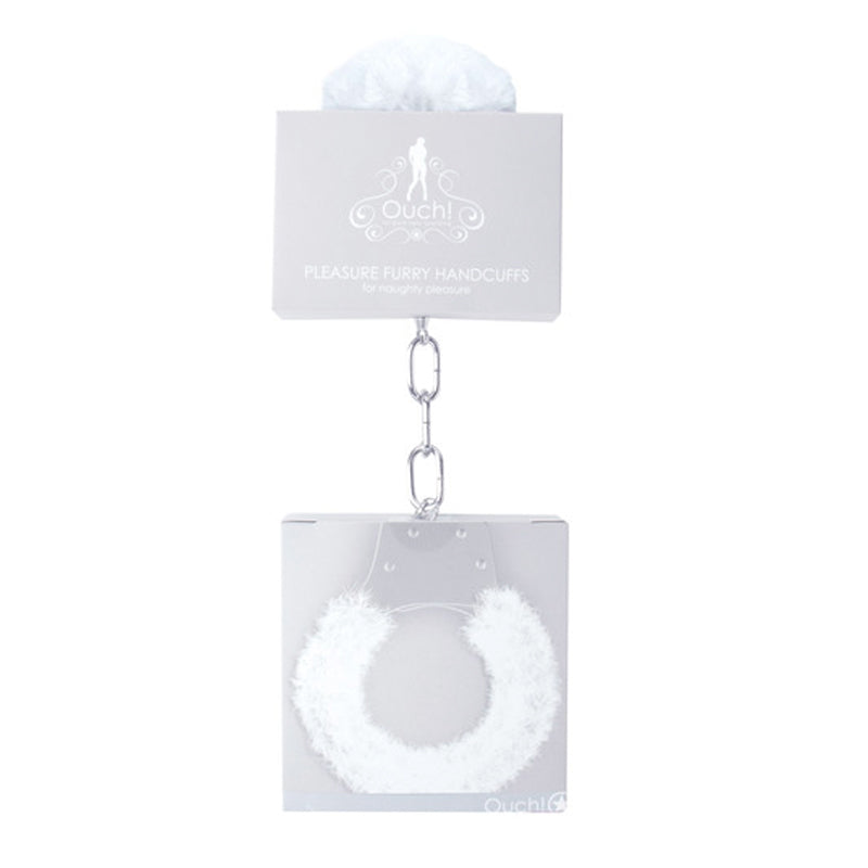 OUCH! PLEASURE FURRY HANDCUFFS WITH QUICK-RELEASE WHITE