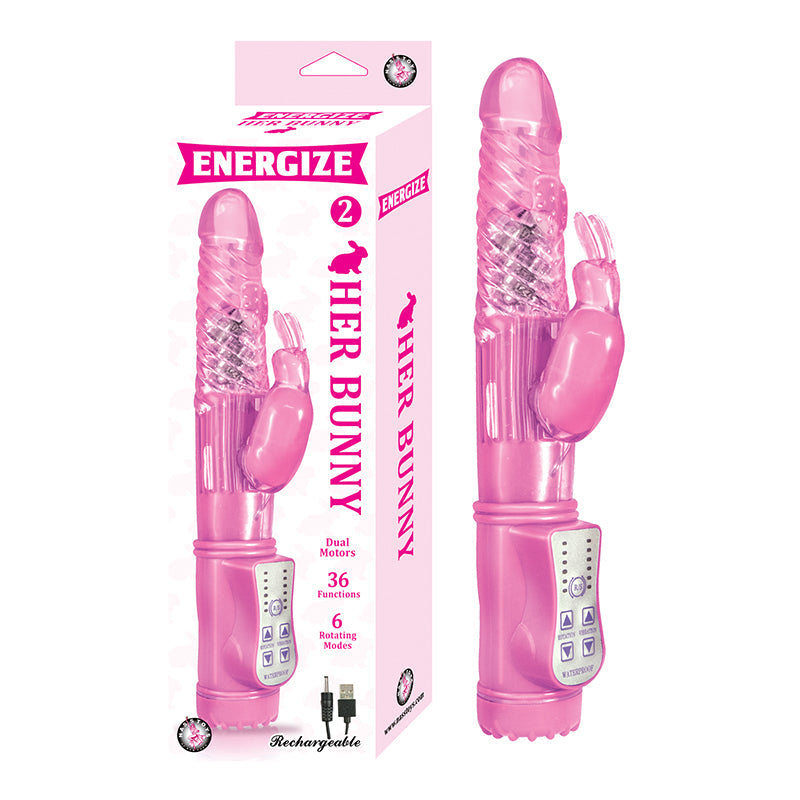 ENERGIZE HER BUNNY 2 RECHARGEABLE DUAL MOTORS 36 FUNCTION 6 ROTATION MODES WATERPROOF PINK
