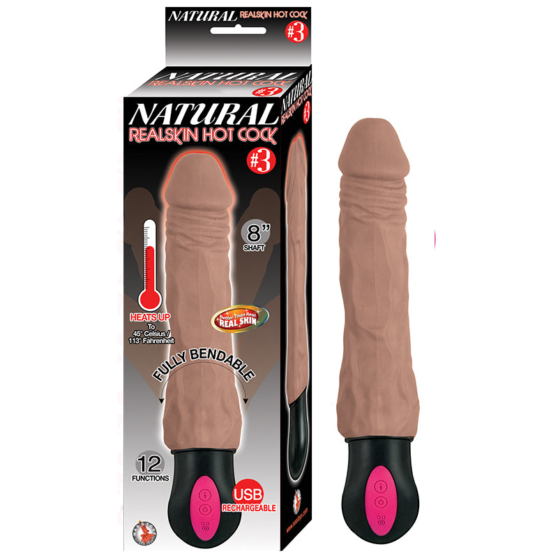 NATURAL REALSKIN HOT COCK #3 FULLY BENDABLE 12 FUNCTION USB CORD INCLUDED WATERPROOF BROWN