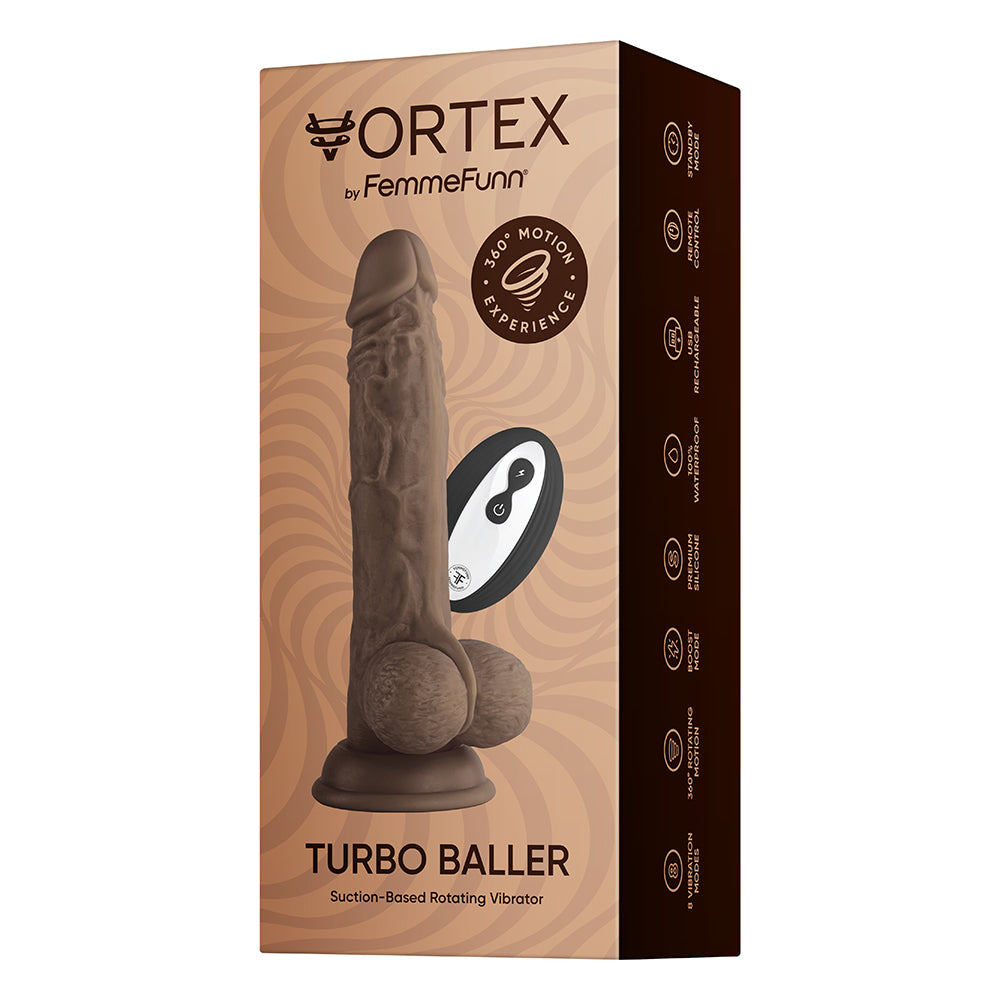 FEMMEFUNN VORTEX TURBO BALLER 2.0 8.25 IN. VIBRATING ROTATING DILDO BROWN