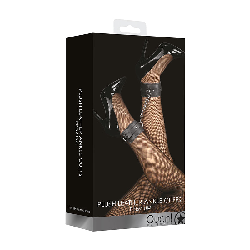 OUCH! PREMIUM PLUSH LEATHER ADJUSTABLE ANKLE CUFFS BLACK