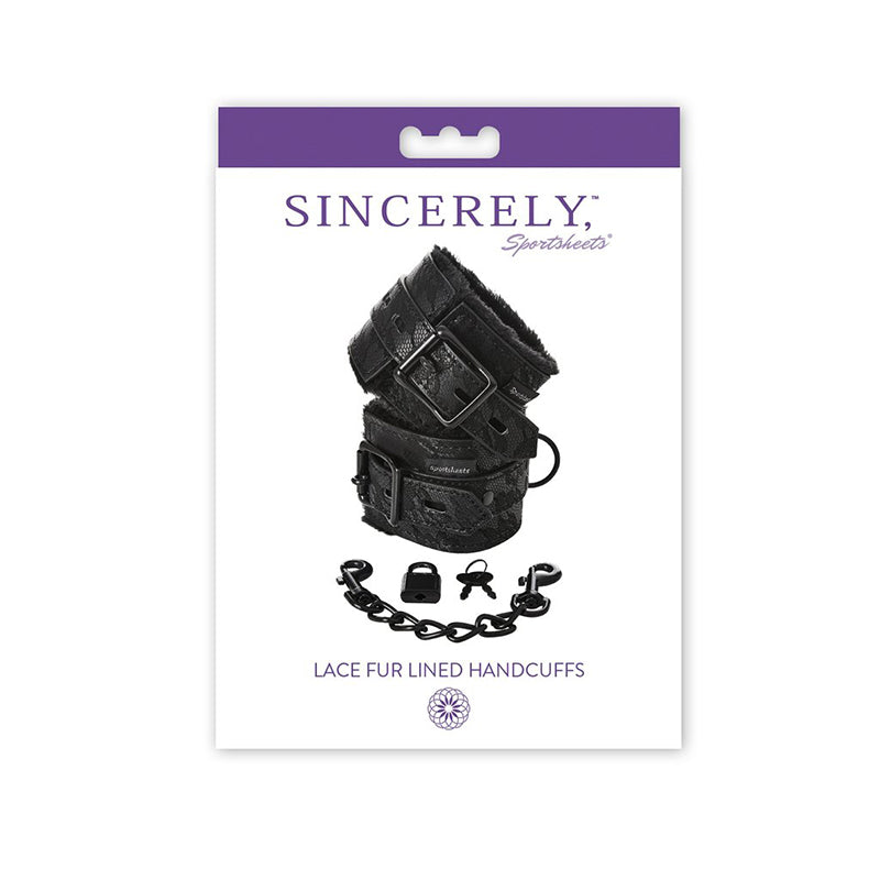 SINCERELY, SPORTSHEETS LACE ADJUSTABLE FUR-LINED HANDCUFFS BLACK