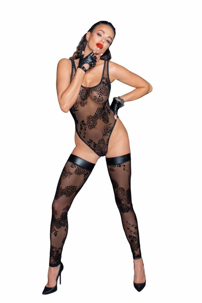 NOIR HANDMADE - TULLE BODY WITH PATTERNED FLOCK EMBROIDERY - XL