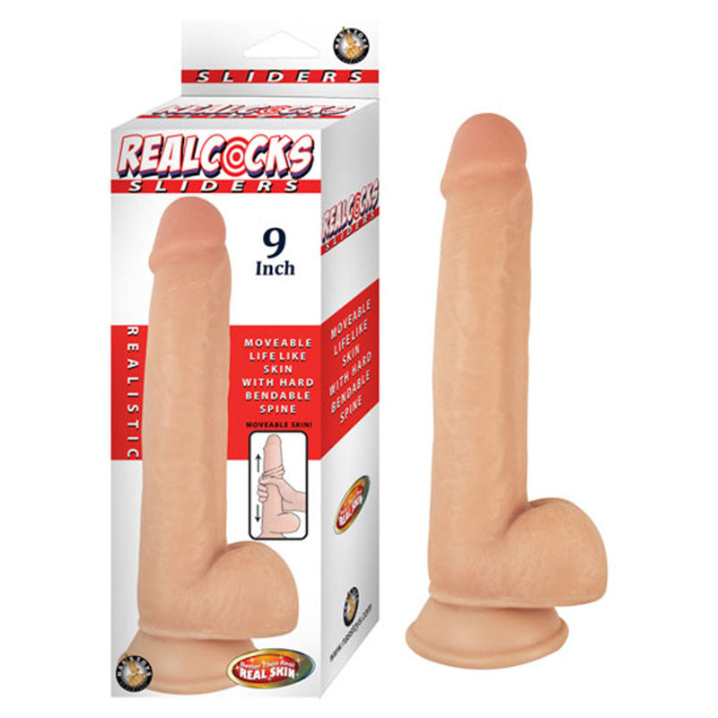 REALCOCKS SLIDERS 9IN MOVEABLE SKIN BENDABLE HARNESS COMPATIBLE SUCTION CUP BASE FLESH