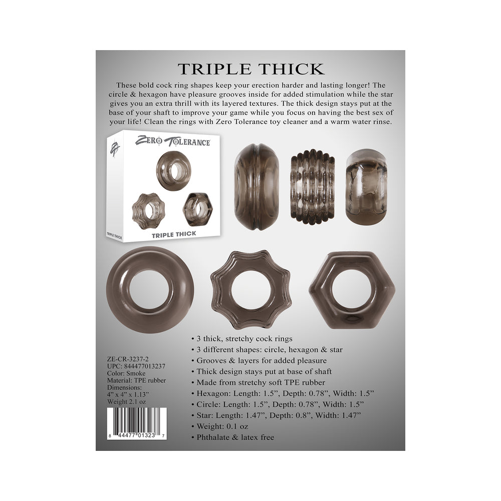 CERO TOLERANCIA - SET DE 3 ANILLOS PENEANOS DE TRIPLE GROSOR, COLOR AHUMADO