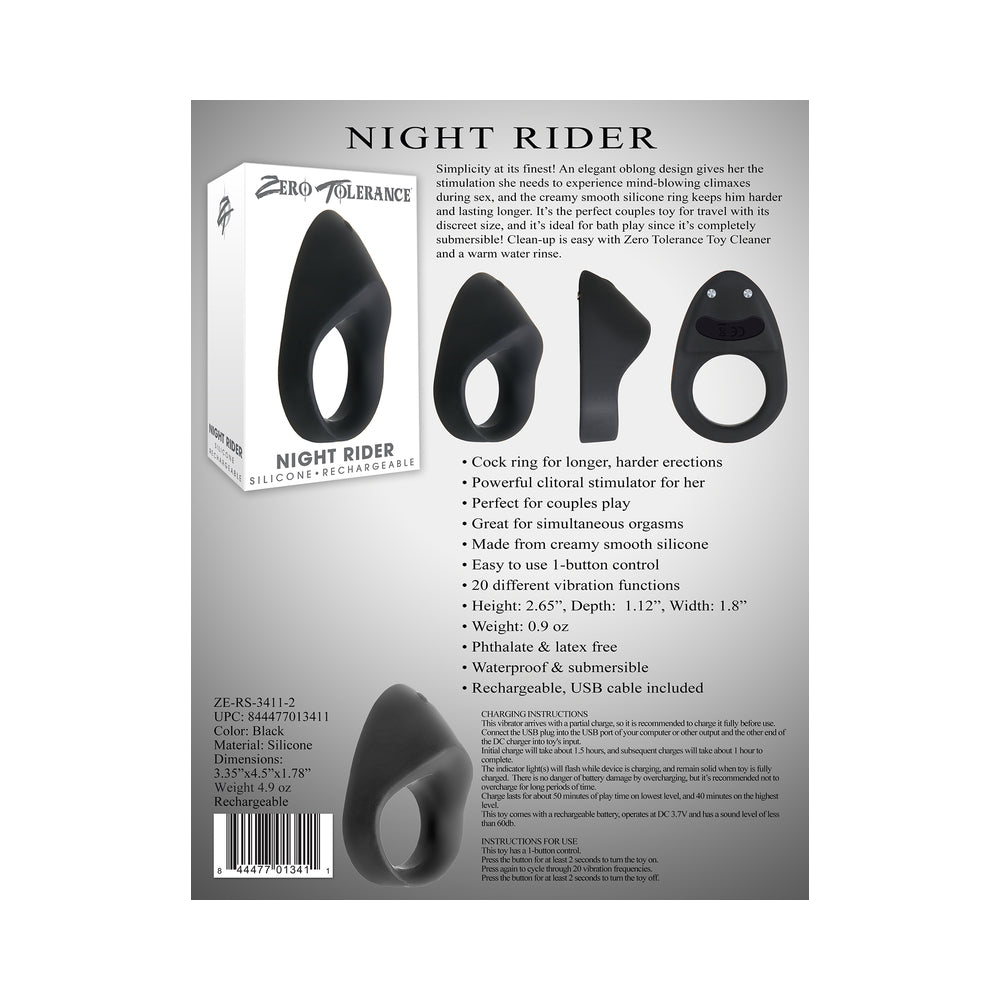 TOLERANCIA CERO - ANILLO VIBRADOR DE SILICONA RECARGABLE NIGHT RIDER NEGRO