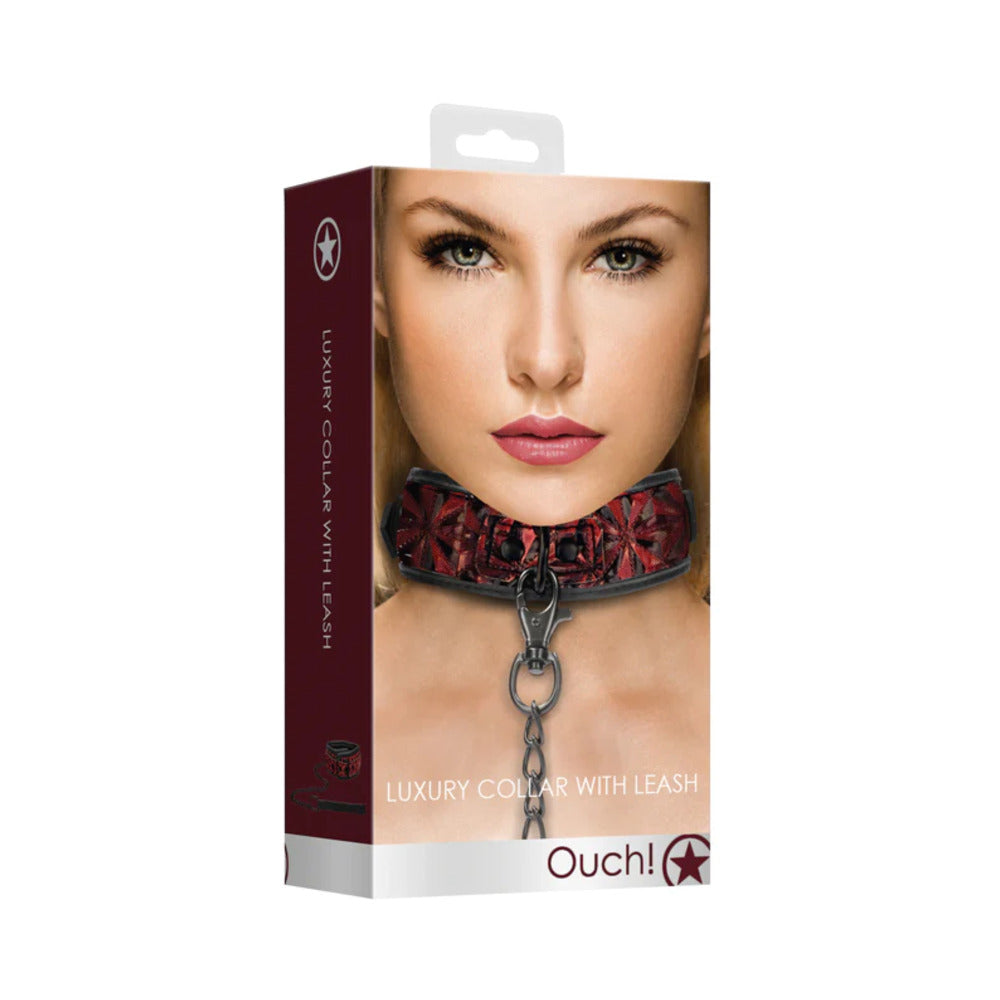 OUCH! LUXURY ADJUSTABLE COLLAR WITH LEASH BURGUNDY