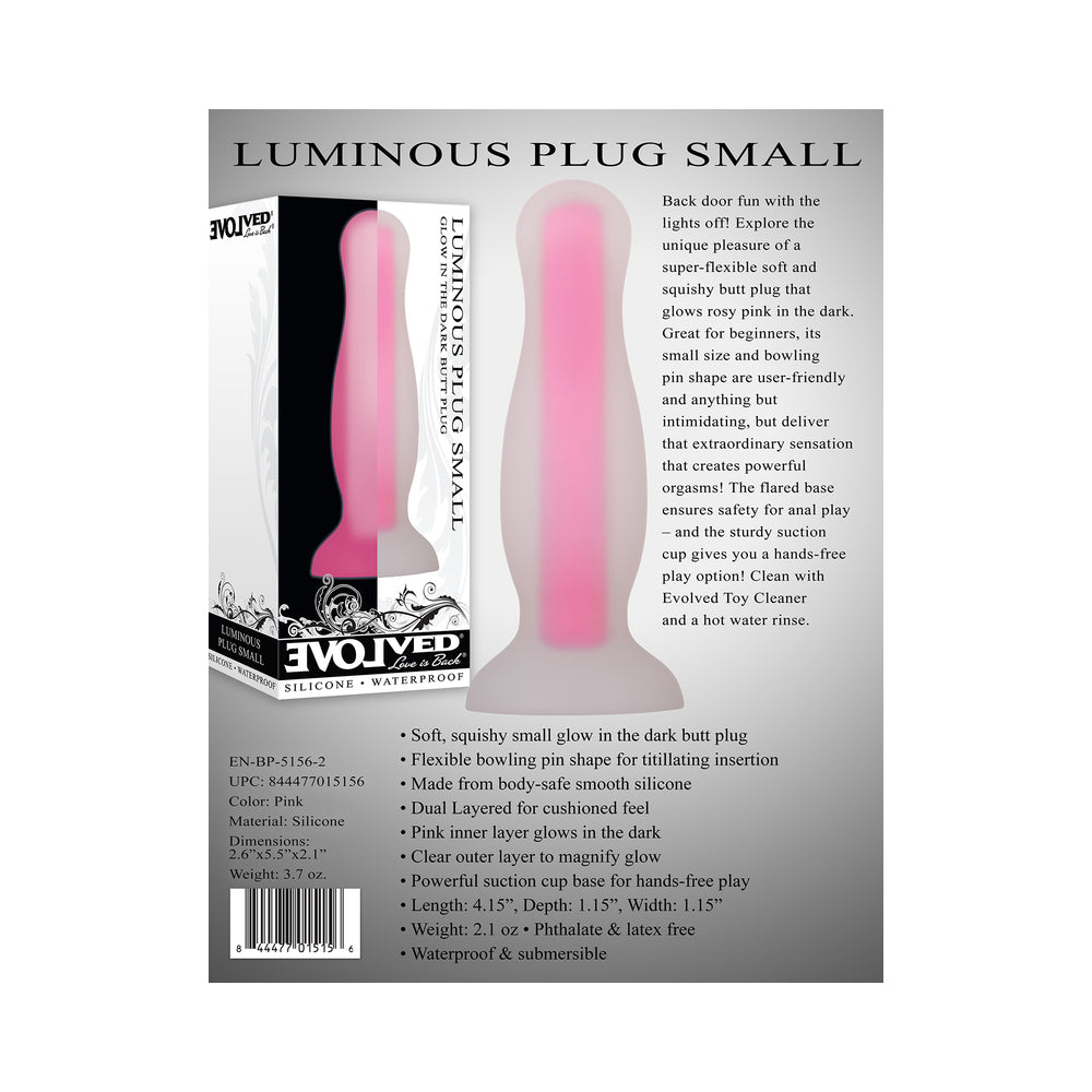 EVOLVED LUMINOUS GLOW IN THE DARK DUAL DENSITY SILICONE ANAL PLUG CLEAR/PINK SMALL