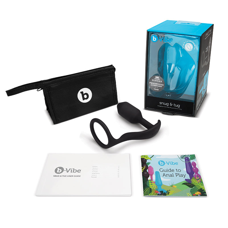 B-VIBE - SNUG & TUG WEIGHTED SILICONE ANAL PLUG WITH COCKRING BLACK