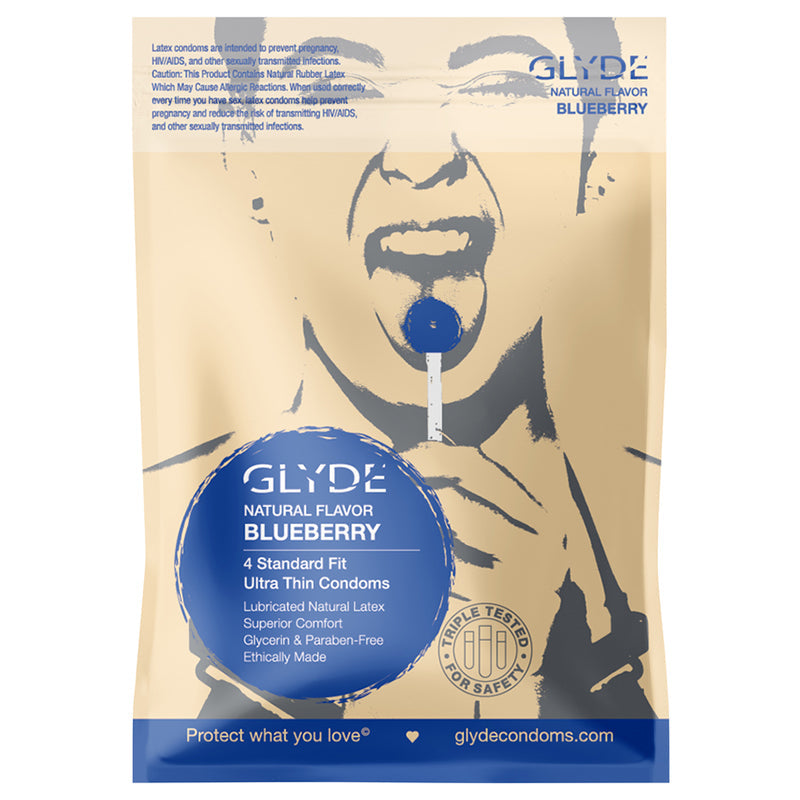GLYDE CONDOMS - GLYDE ULTRA NATURAL FLAVOR CONDOM BLUEBERRY 4PK