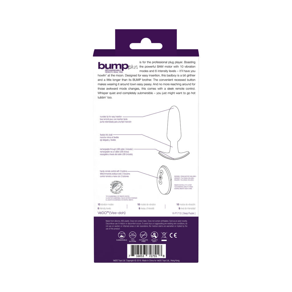 BUMP PLUS RECHARGEABLE REMOTE CONTROL ANAL VIBE PURPLE
