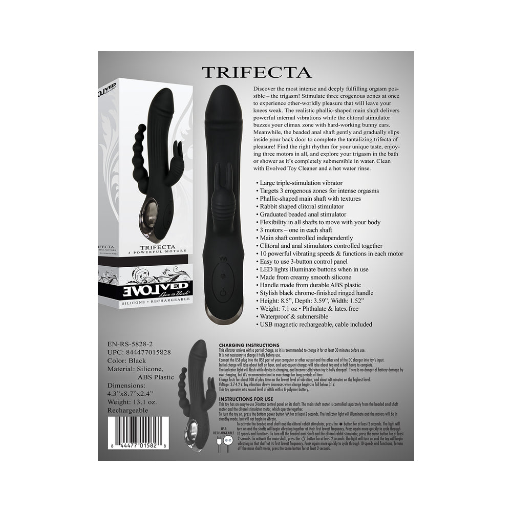 EVOLVED TRIFECTA RECHARGEABLE DUAL ENTRY TRIPLE STIMULATION SILICONE RABBIT VIBRATOR BLACK