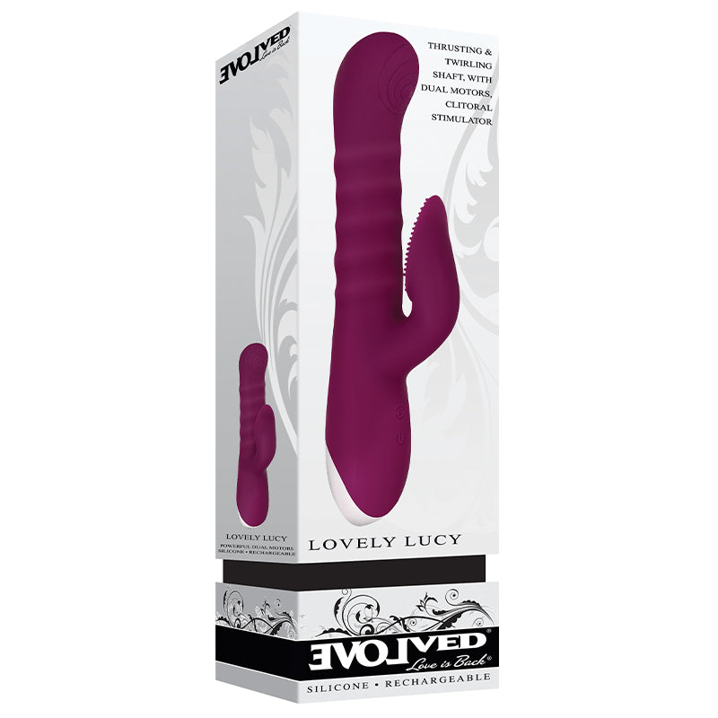 EVOLVED LOVELY LUCY RECHARGEABLE THRUSTING SILICONE DUAL STIMULATOR BURGUNDY
