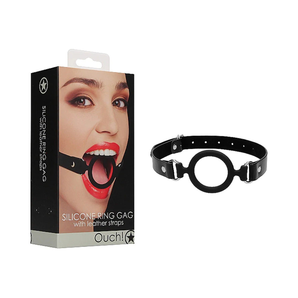 SHOTS - OUCH! ADJUSTABLE SILICONE RING GAG WITH LEATHER STRAPS BLACK