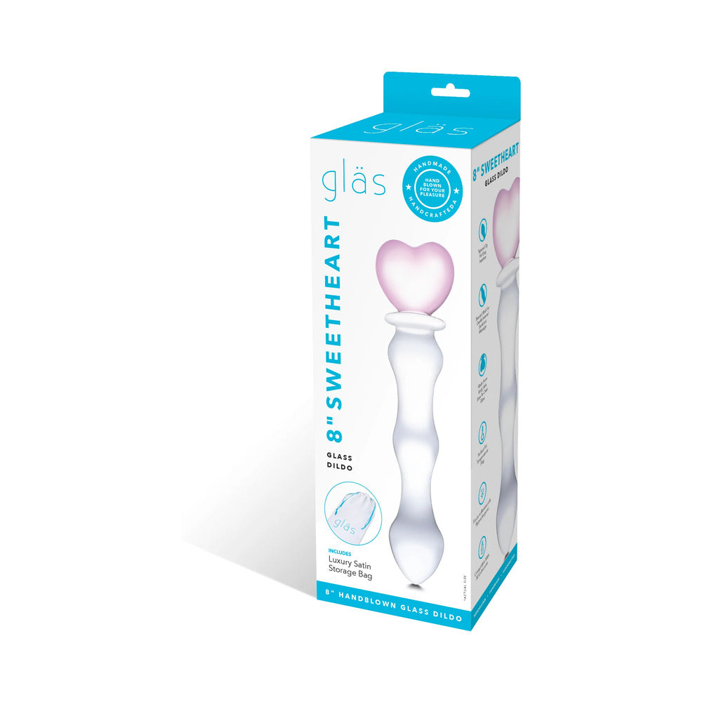 GLAS 8 IN. SWEETHEART GLASS DILDO WITH PINK HEART-SHAPED HANDLE