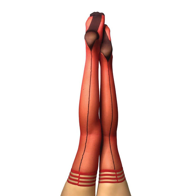 KIXIES MONICA SHEER RED CUBAN HEEL THIGH-HIGH WITH BLACK BACK SEAM SIZE A