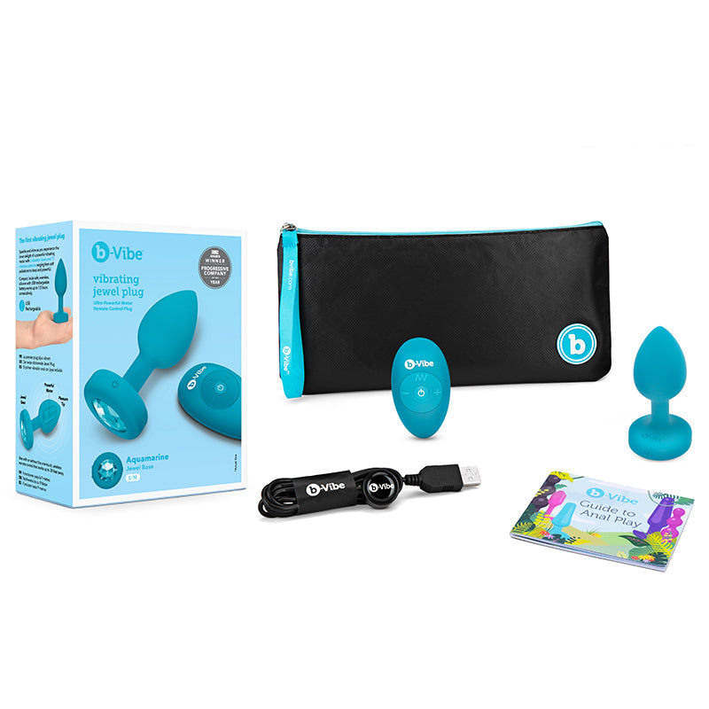 B-VIBE VIBRATING JEWEL RECHARGEABLE REMOTE-CONTROLLED ANAL PLUG WITH GEM BASE AQUAMARINE SMALL/MEDIUM