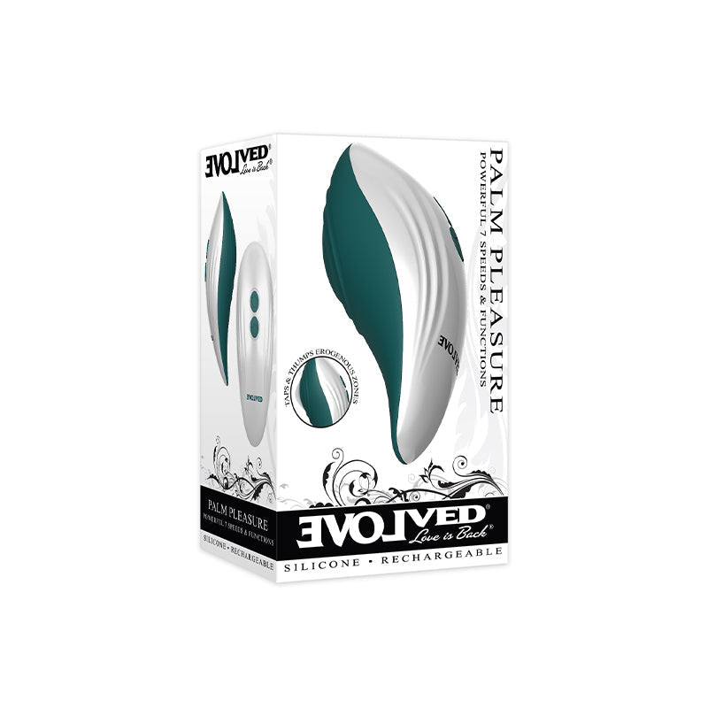 EVOLVED PALM PLEASURE RECHARGEABLE SILICONE MULTIFUNCTION VIBRATOR TEAL/WHITE