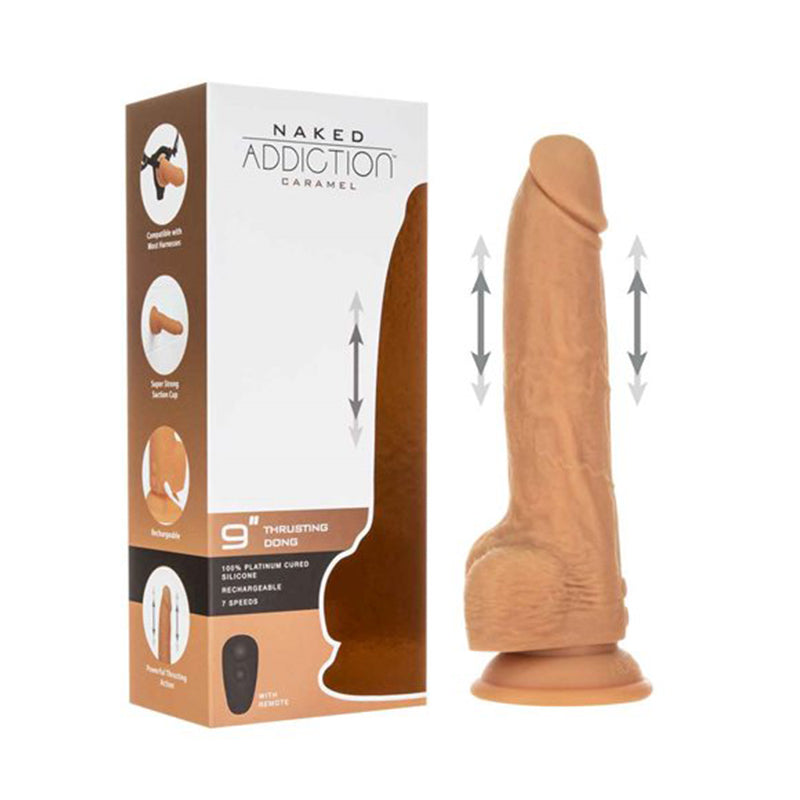 BMS - NAKED ADDICTION THRUSTING DONG WITH REMOTE 9 IN. CARAMEL