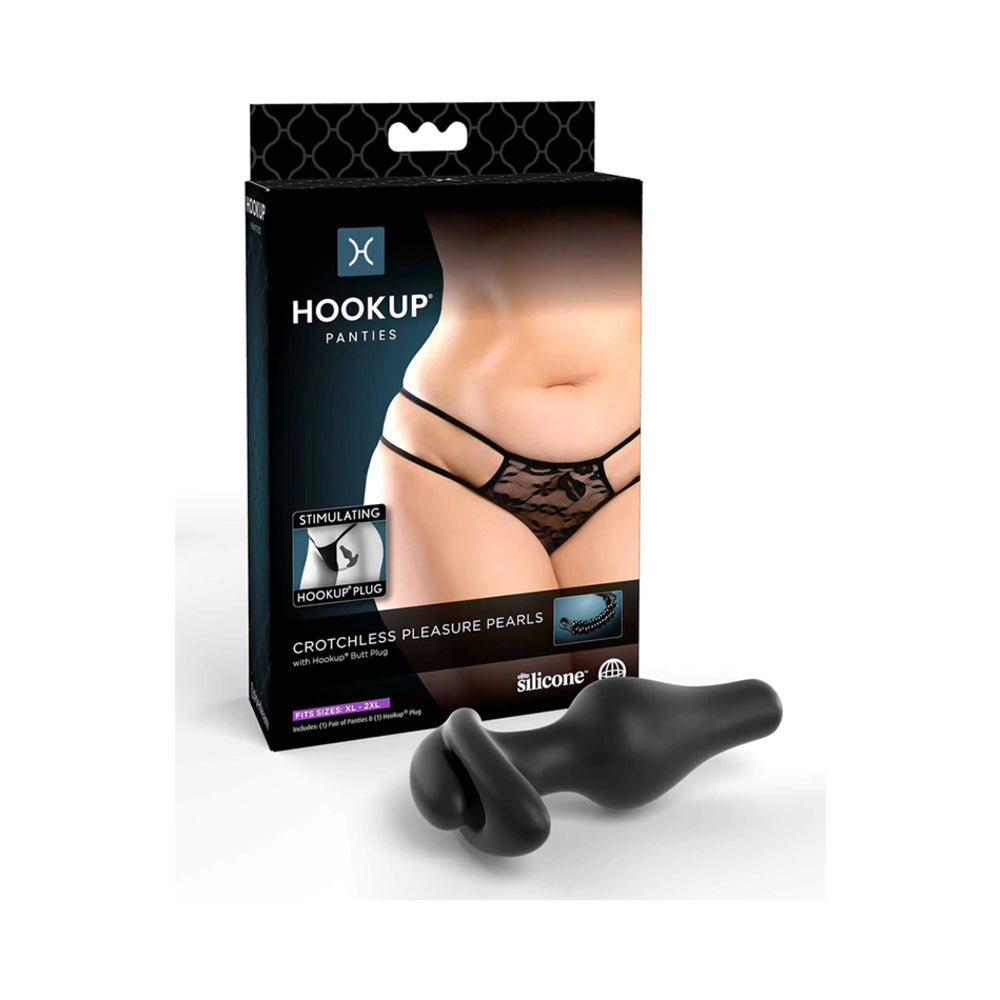PIPEDREAM - HOOKUP PANTIES CROTCHLESS PLEASURE PEARLS WITH SILICONE ANAL PLUG BLACK XL-XXL