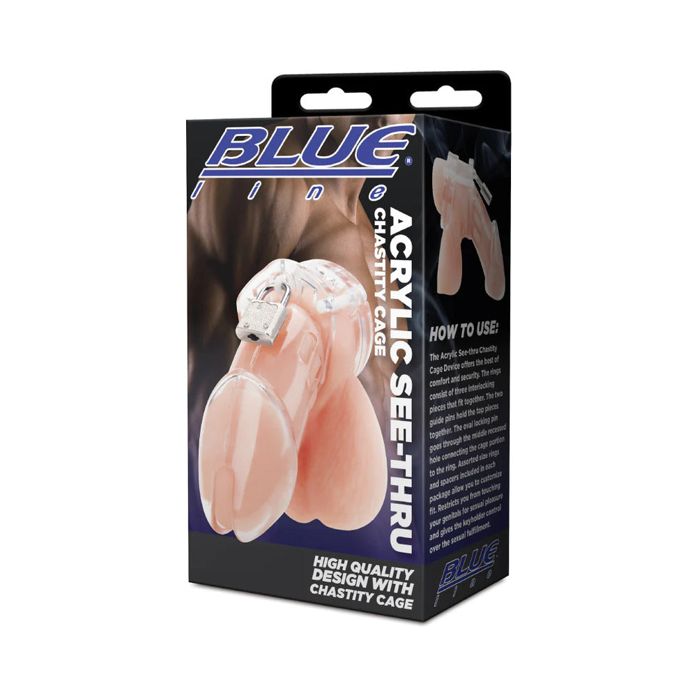 BLUE LINE ACRYLIC SEE-THRU CHASTITY COCK CAGE CLEAR