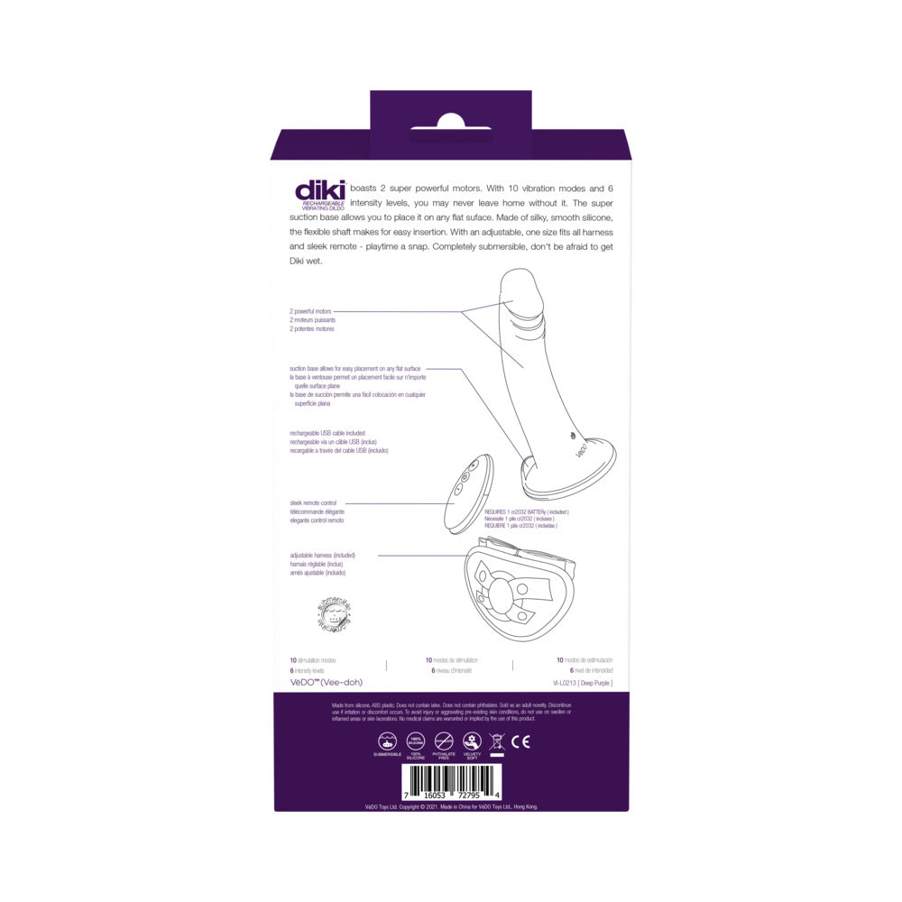 VEDO - DIKI RECHARGEABLE VIBRATING DILDO WITH HARNESS DEEP PURPLE