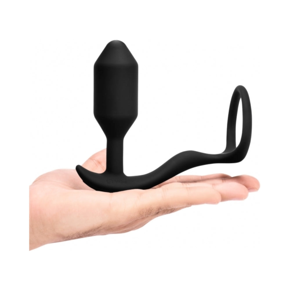 B-VIBE VIBRATING SNUG & TUG RECHARGEABLE WEIGHTED SILICONE ANAL PLUG WITH COCKRING MEDIUM BLACK
