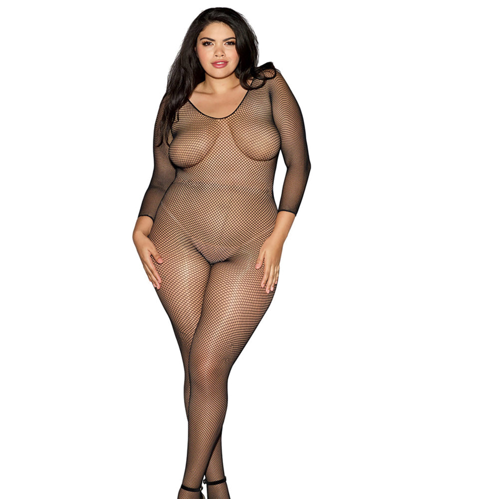 DREAMGIRL - LONGSLEEVE FISHNET BODYSTOCKING WITH OPEN CROTCH BLACK QUEEN