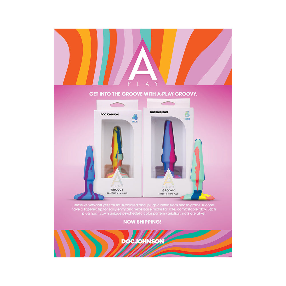 DOC JOHNSON - A-PLAY GROOVY SILICONE ANAL PLUG 5 IN. MULTI-COLORED, YELLOW