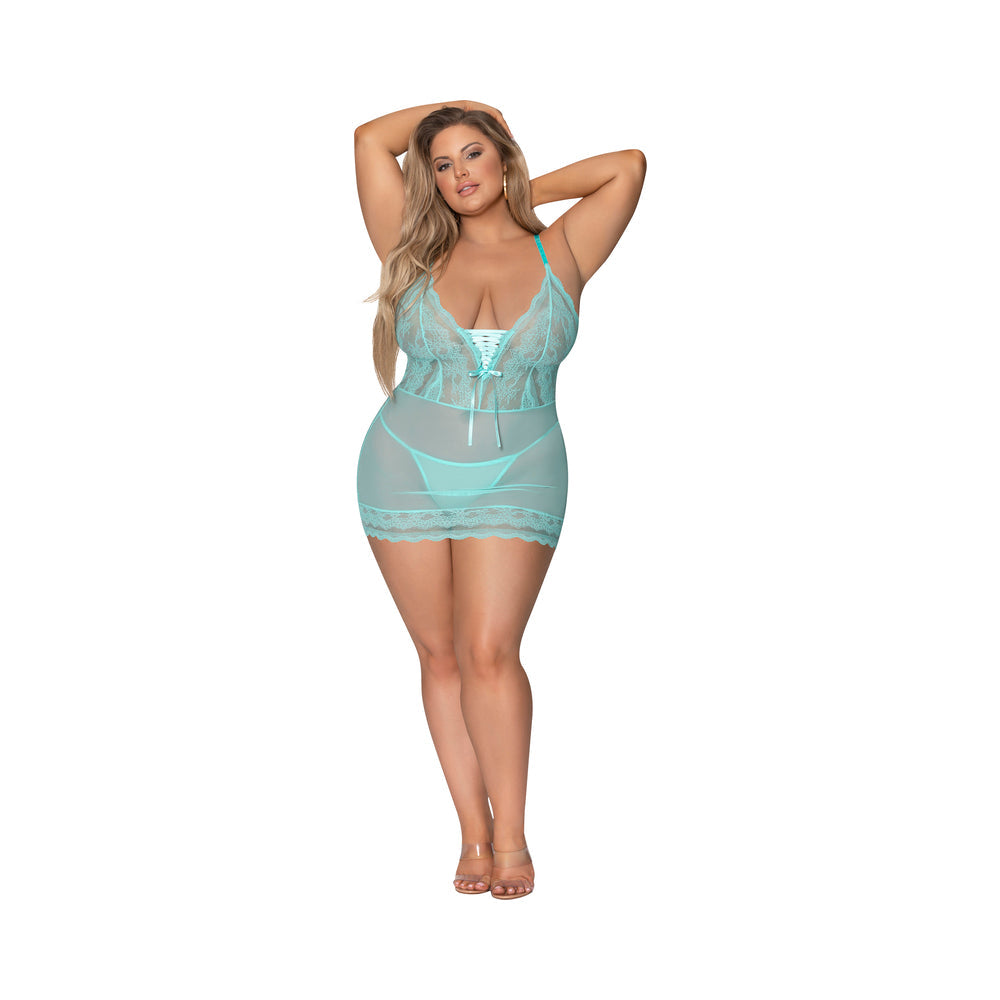 SEABREEZE LACE-UP CHEMISE & G-STRING TURQUOISE QUEEN SIZE