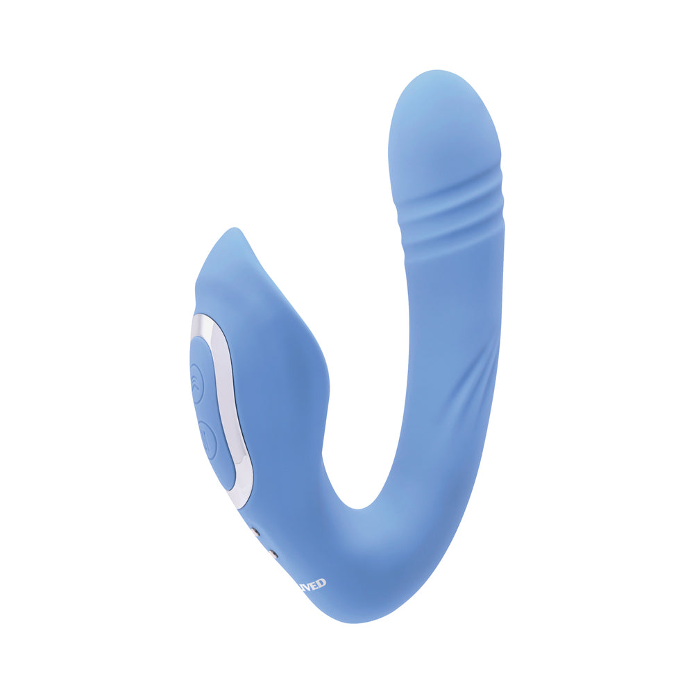 EVOLVED - TAP & THRUST RECHARGEABLE THRUSTING PULSING SILICONE DUAL STIMULATOR BLUE