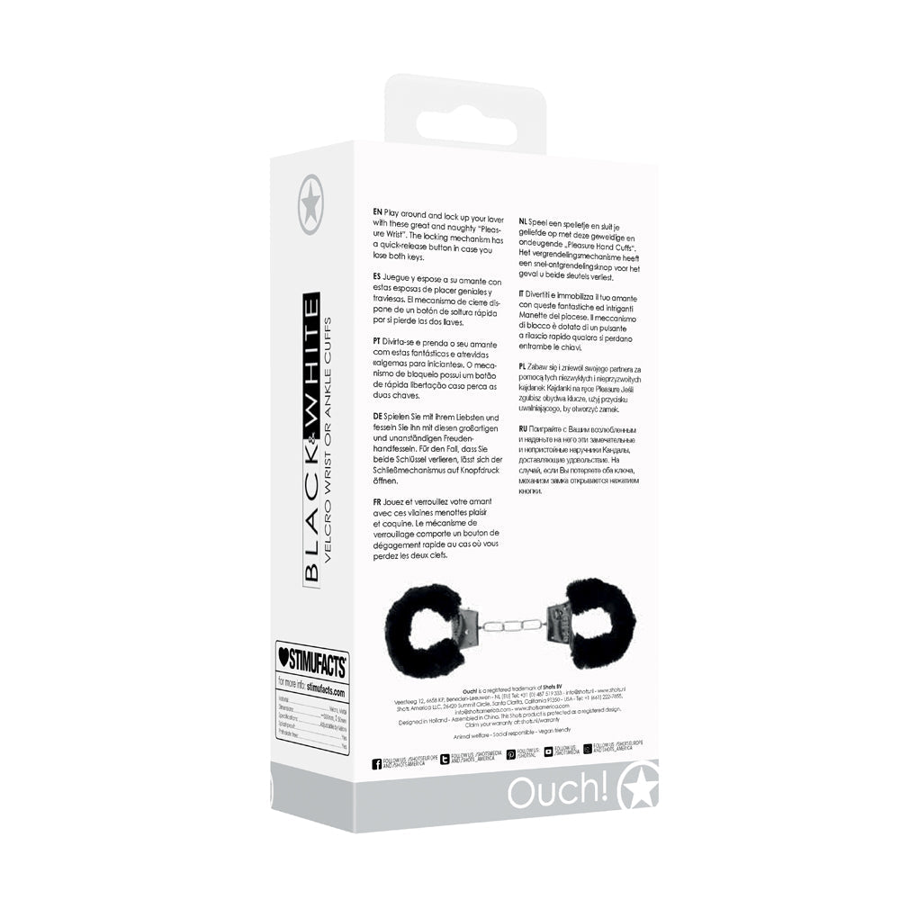 SHOTS - OUCH! BLACK & WHITE ADJUSTABLE VELCRO WRIST OR ANKLE CUFFS BLACK