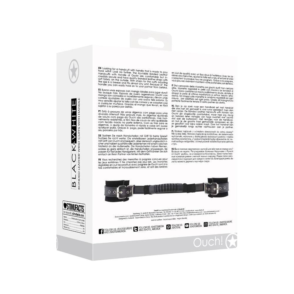 OUCH! BLACK & WHITE ADJUSTABLE BONDED LEATHER WRIST CUFFS WITH HANDLE BLACK