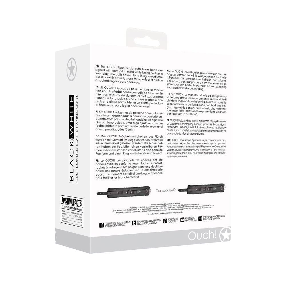 OUCH! BLACK & WHITE ADJUSTABLE PLUSH BONDED LEATHER ANKLE CUFFS BLACK